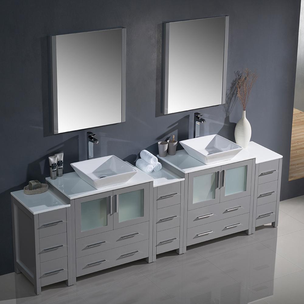 Fresca Torino 96" Gray Modern Double Sink Bathroom Vanity w/ 3 Side Cabinets & Vessel Sinks