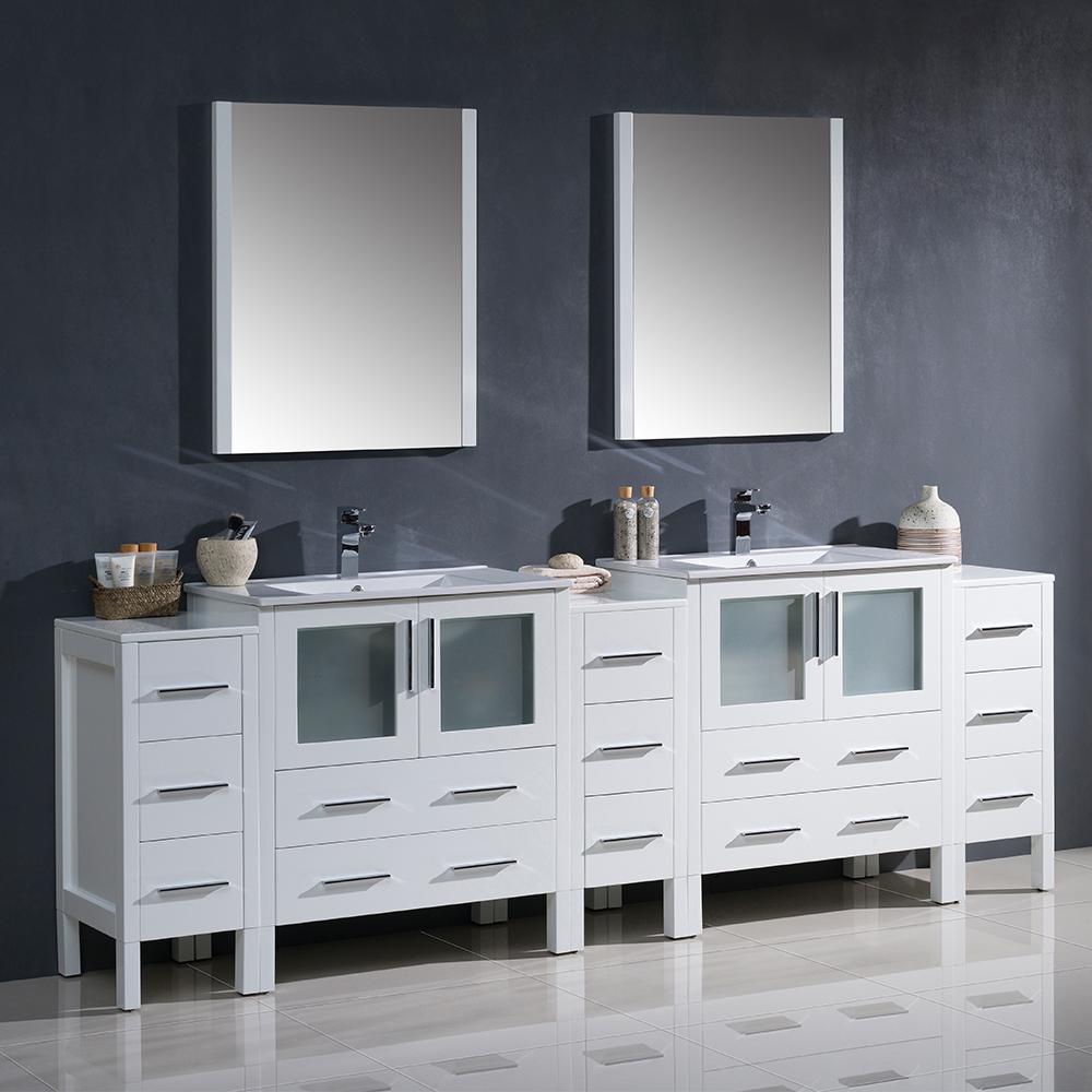 Fresca-Torino-96"-White-Modern-Double-Sink-Bathroom-Vanity-w/-3-Side-Cabinets-&-Integrated-Sinks-(FVN62-96WH-UNS)