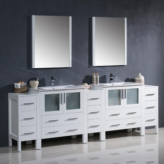 Fresca-Torino-96"-White-Modern-Double-Sink-Bathroom-Vanity-w/-3-Side-Cabinets-&-Integrated-Sinks-(FVN62-96WH-UNS)