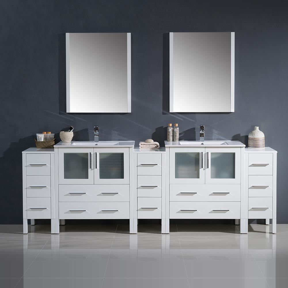 Fresca Torino 96" White Modern Double Sink Bathroom Vanity w/ 3 Side Cabinets & Integrated Sinks