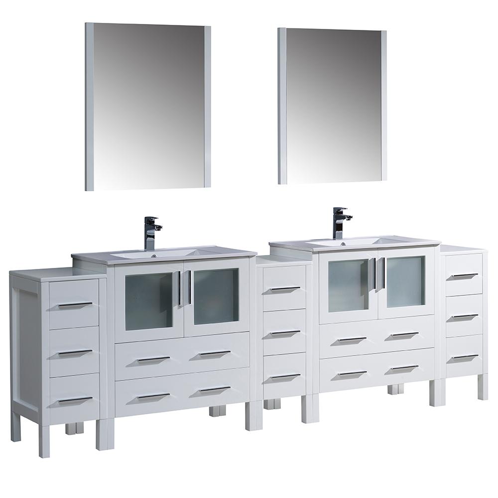 Fresca Torino 96" White Modern Double Sink Bathroom Vanity w/ 3 Side Cabinets & Integrated Sinks
