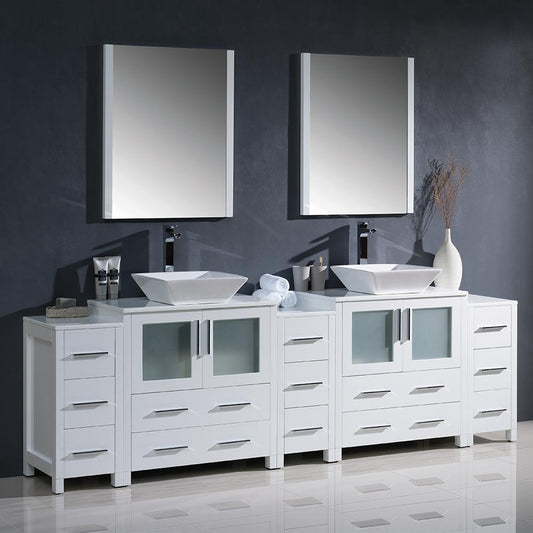 Fresca-Torino-96"-White-Modern-Double-Sink-Bathroom-Vanity-w/-3-Side-Cabinets-&-Vessel-Sinks-(FVN62-96WH-VSL)