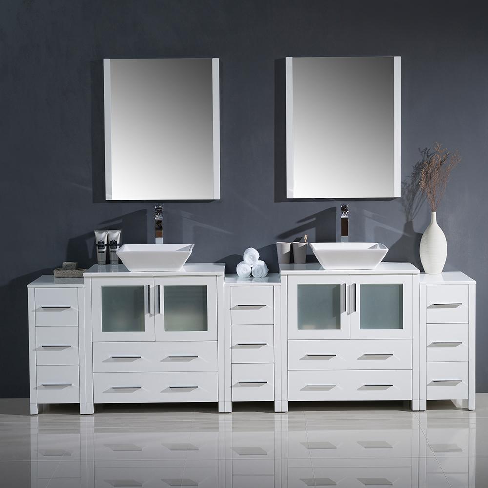 Fresca Torino 96" White Modern Double Sink Bathroom Vanity w/ 3 Side Cabinets & Vessel Sinks