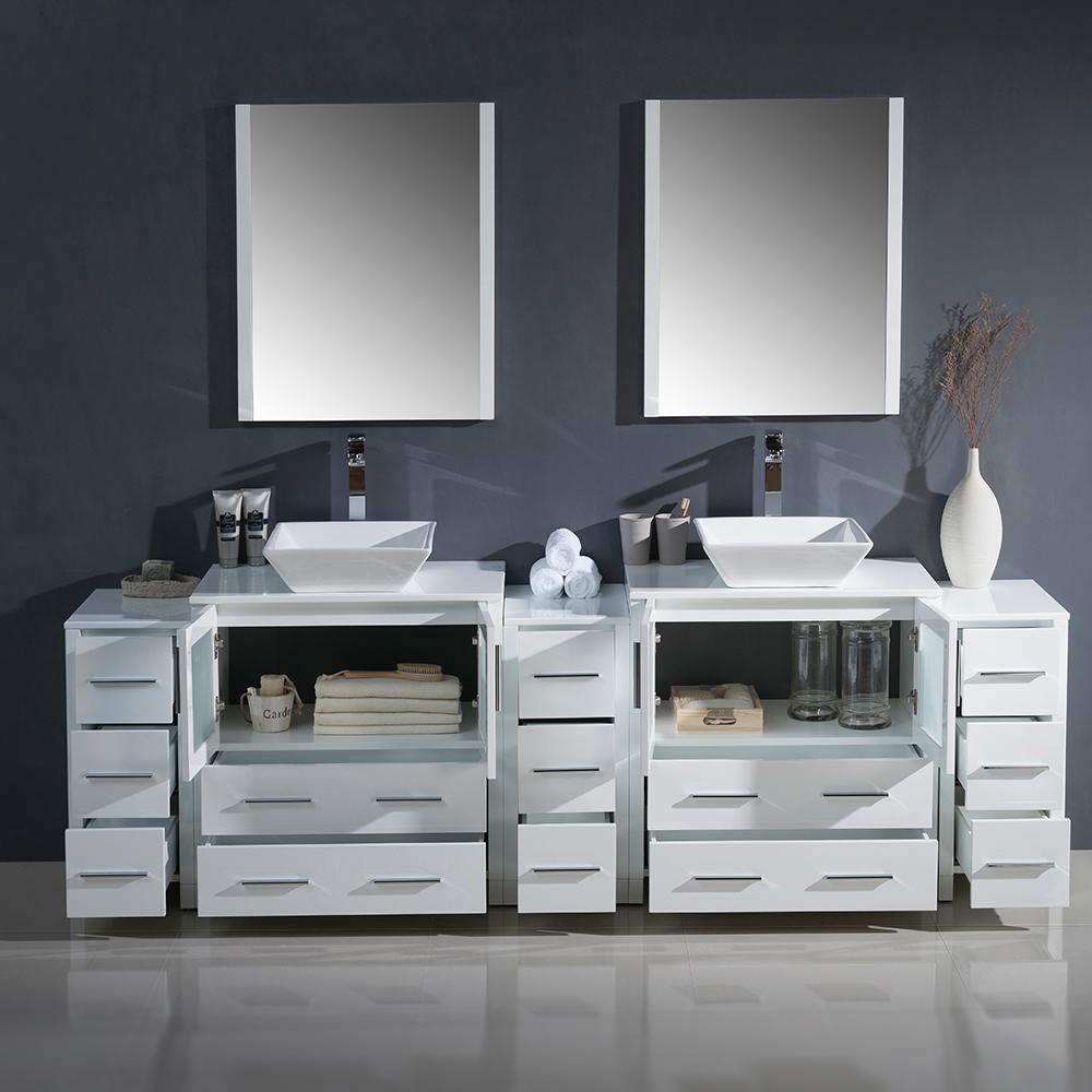 Fresca Torino 96" White Modern Double Sink Bathroom Vanity w/ 3 Side Cabinets & Vessel Sinks