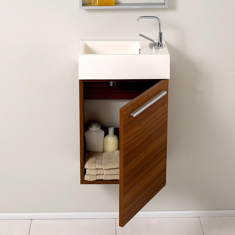 Fresca Pulito 16" Small Teak Modern Bathroom Vanity w/ Tall Mirror