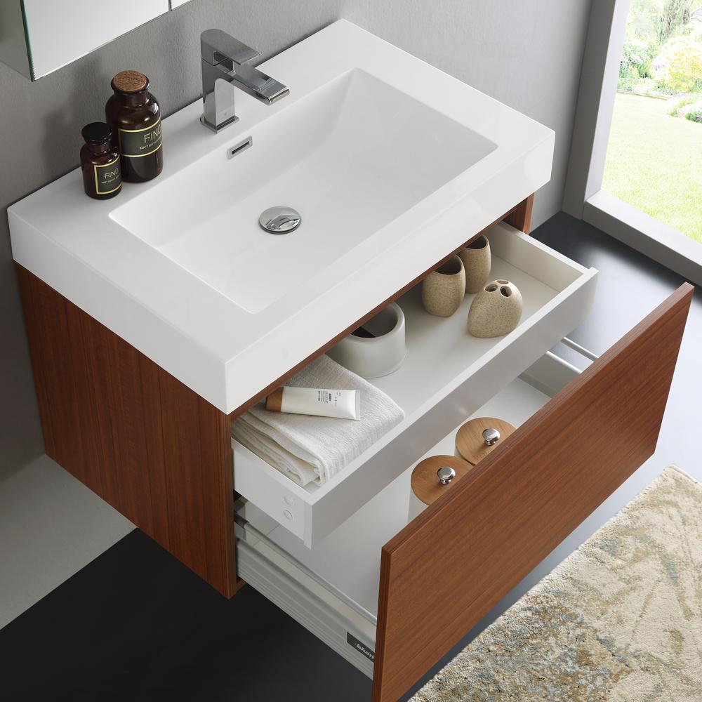Fresca Mezzo 30" Teak Wall Hung Modern Bathroom Vanity w/ Medicine Cabinet