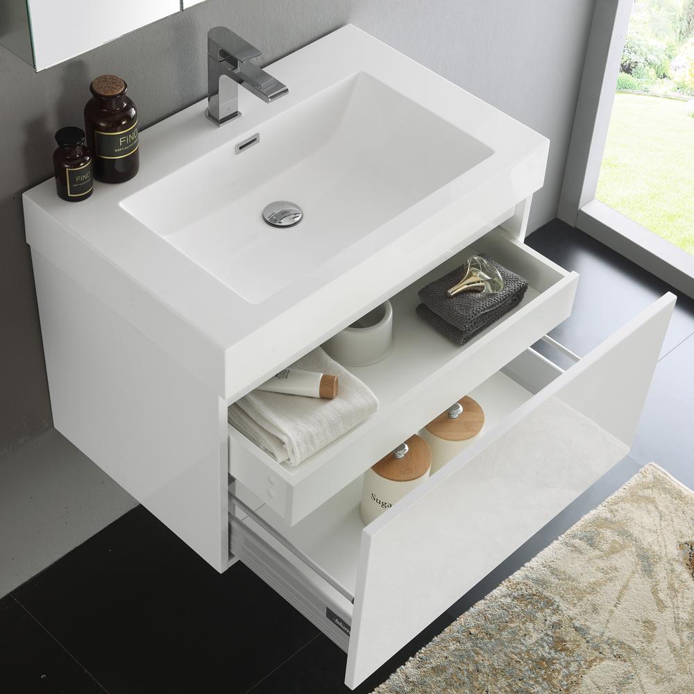 Fresca Mezzo 30" White Wall Hung Modern Bathroom Vanity w/ Medicine Cabinet