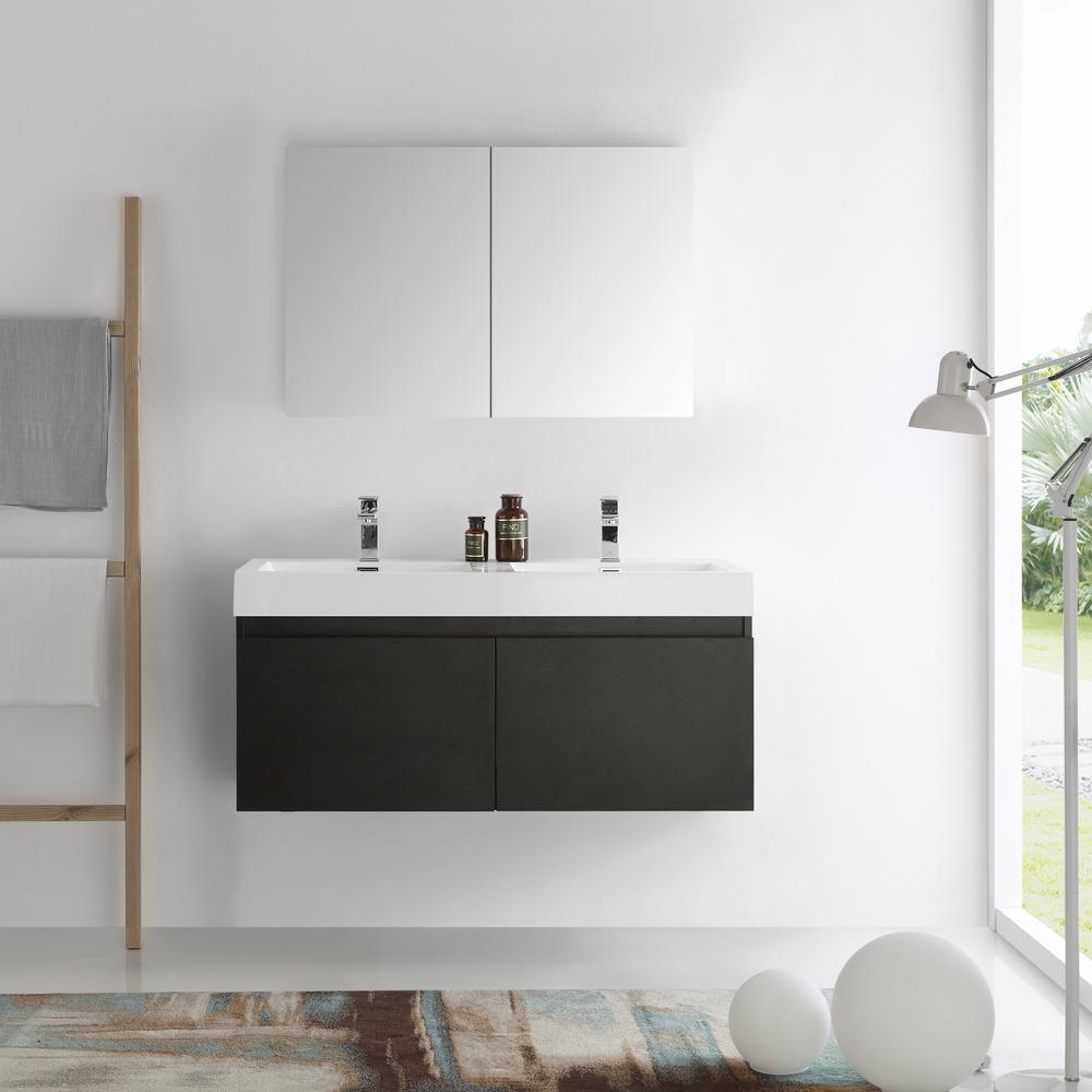 Fresca Mezzo 48" Black Wall Hung Double Sink Modern Bathroom Vanity w/ Medicine Cabinet