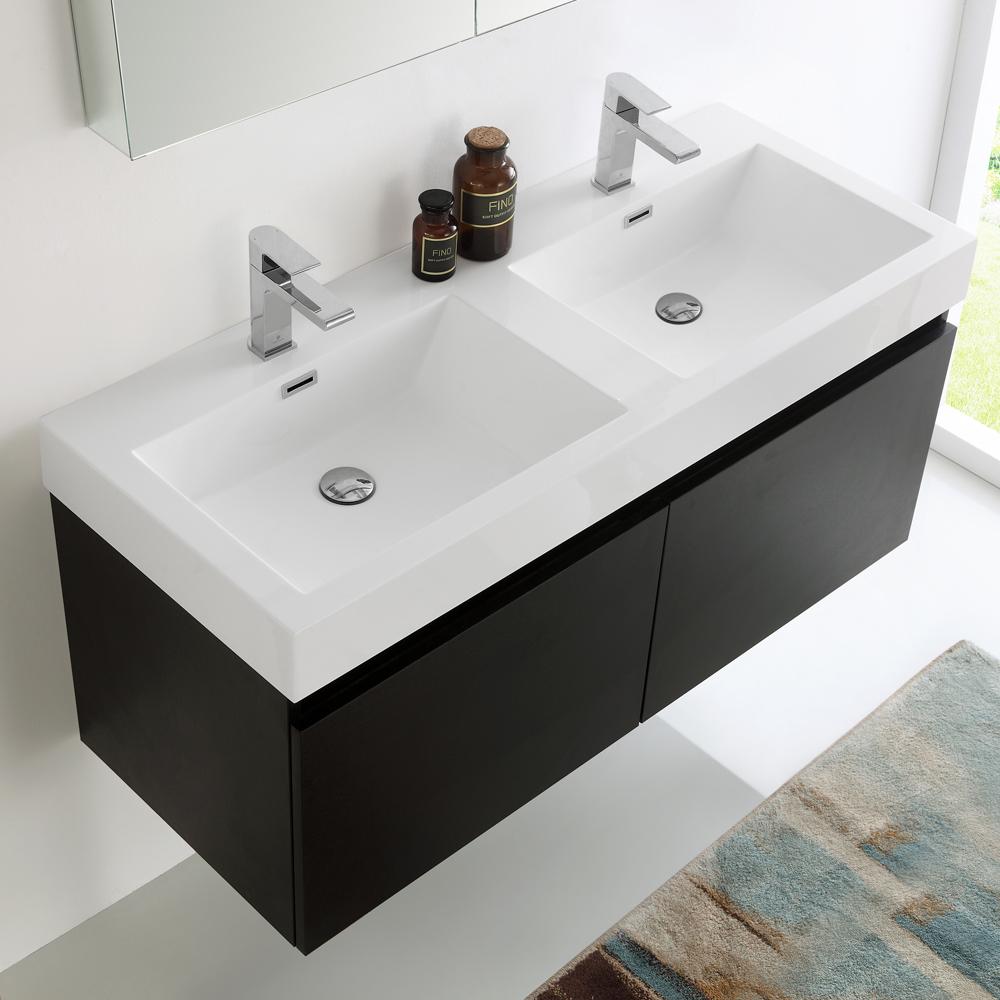 Fresca Mezzo 48" Black Wall Hung Double Sink Modern Bathroom Vanity w/ Medicine Cabinet