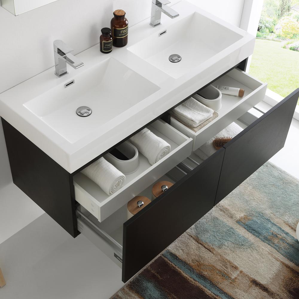 Fresca Mezzo 48" Black Wall Hung Double Sink Modern Bathroom Vanity w/ Medicine Cabinet