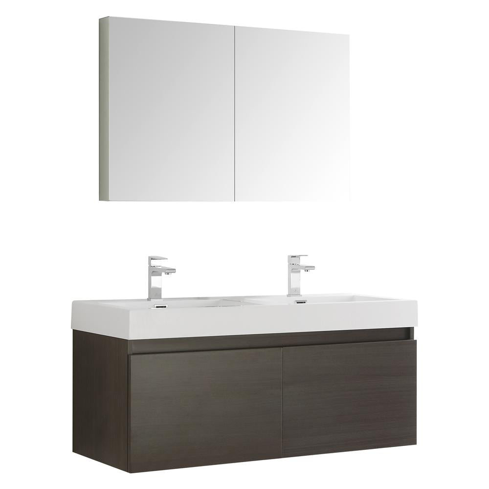 Fresca Mezzo 48" Gray Oak Wall Hung Double Sink Modern Bathroom Vanity w/ Medicine Cabinet