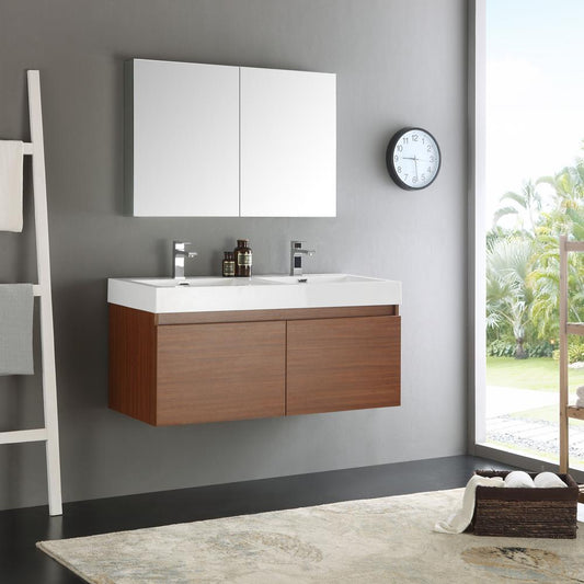 Fresca-Mezzo-48"-Teak-Wall-Hung-Double-Sink-Modern-Bathroom-Vanity-w/-Medicine-Cabinet-(FVN8012TK)