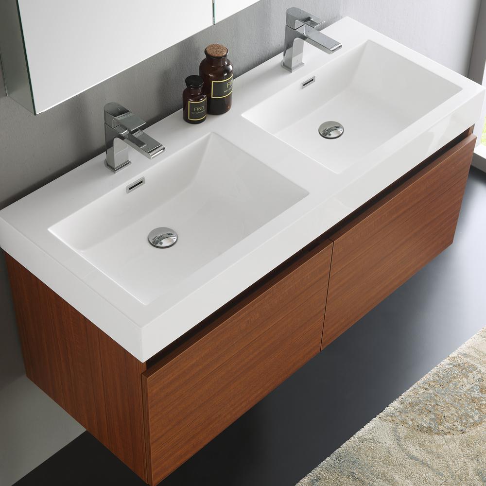 Fresca Mezzo 48" Teak Wall Hung Double Sink Modern Bathroom Vanity w/ Medicine Cabinet