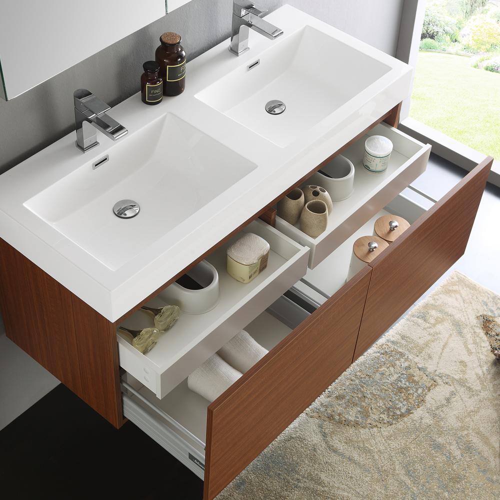 Fresca Mezzo 48" Teak Wall Hung Double Sink Modern Bathroom Vanity w/ Medicine Cabinet