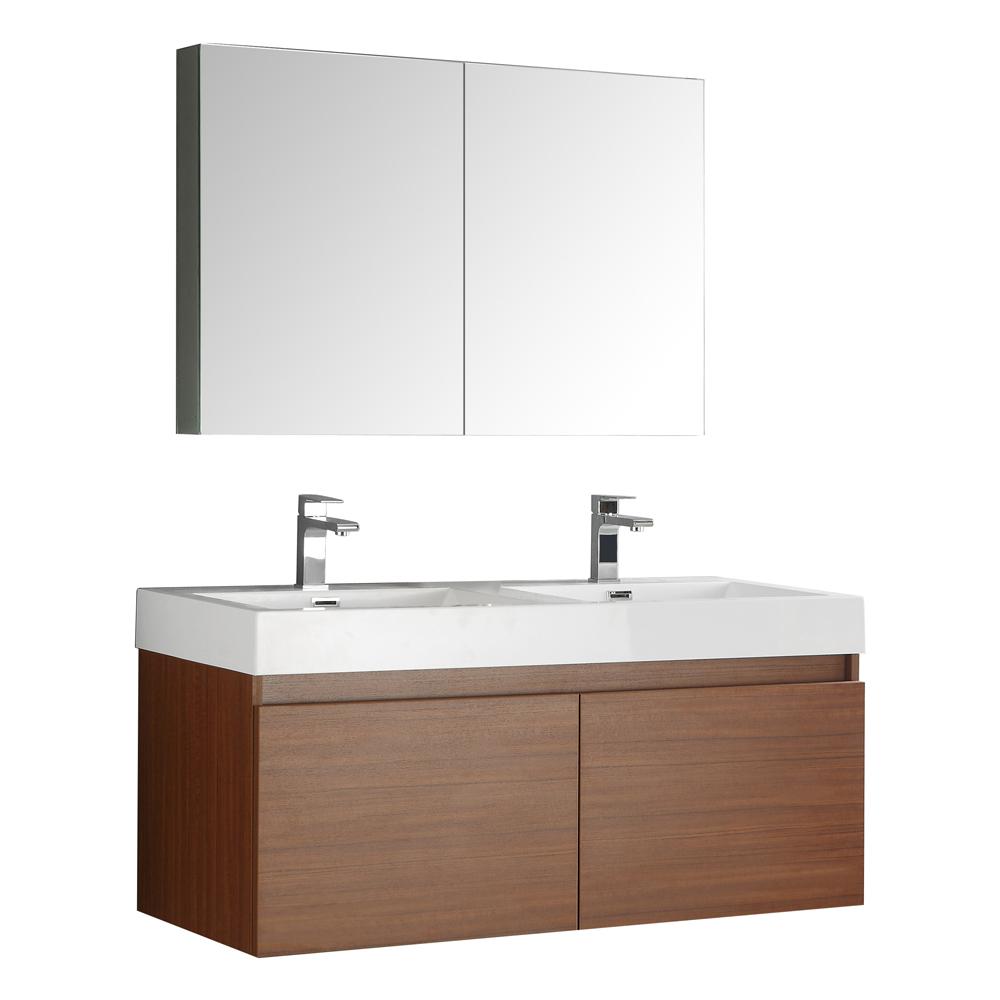 Fresca Mezzo 48" Teak Wall Hung Double Sink Modern Bathroom Vanity w/ Medicine Cabinet