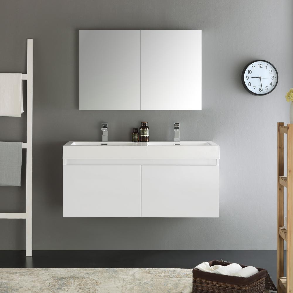Fresca Mezzo 48" White Wall Hung Double Sink Modern Bathroom Vanity w/ Medicine Cabinet