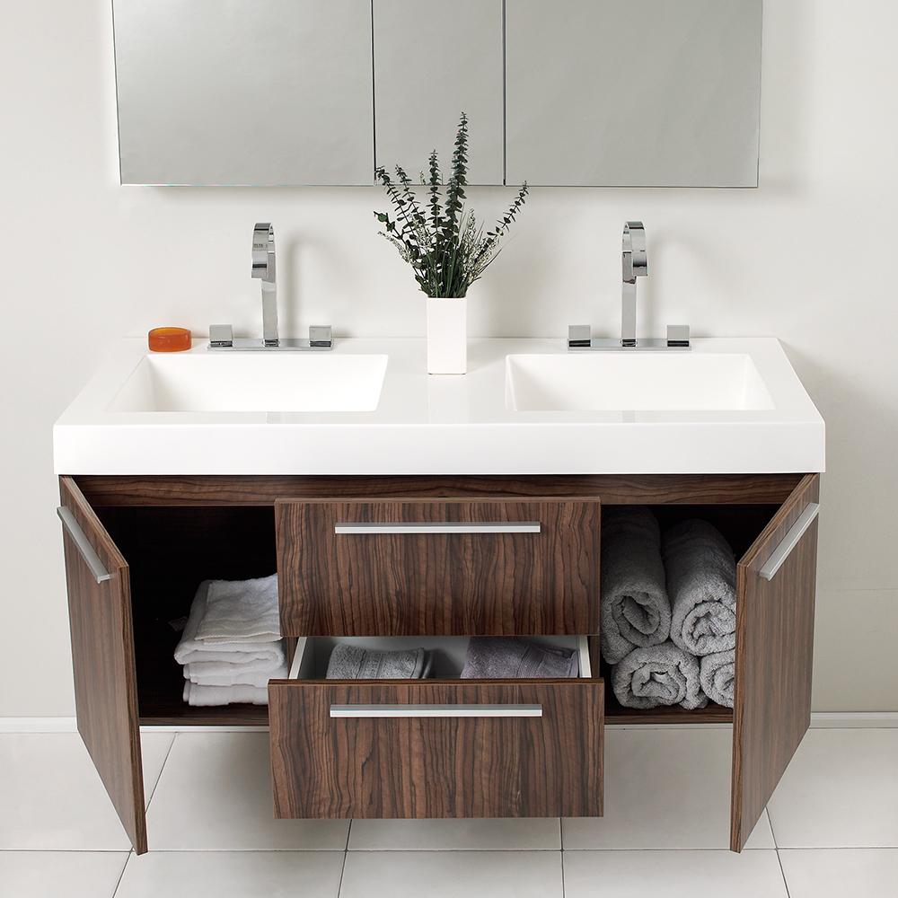 Fresca Opulento 54" Walnut Modern Double Sink Bathroom Vanity w/ Medicine Cabinet