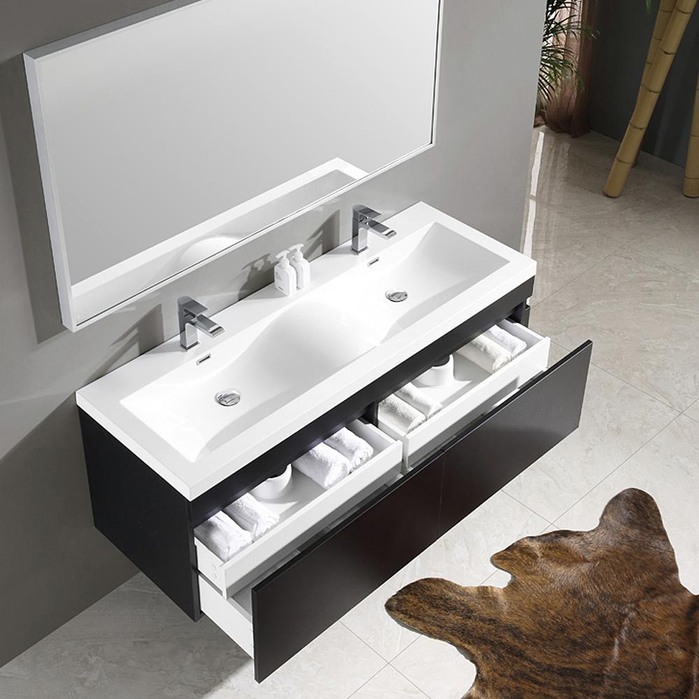 Fresca Largo 57" Black Modern Bathroom Vanity w/ Wavy Double Sinks