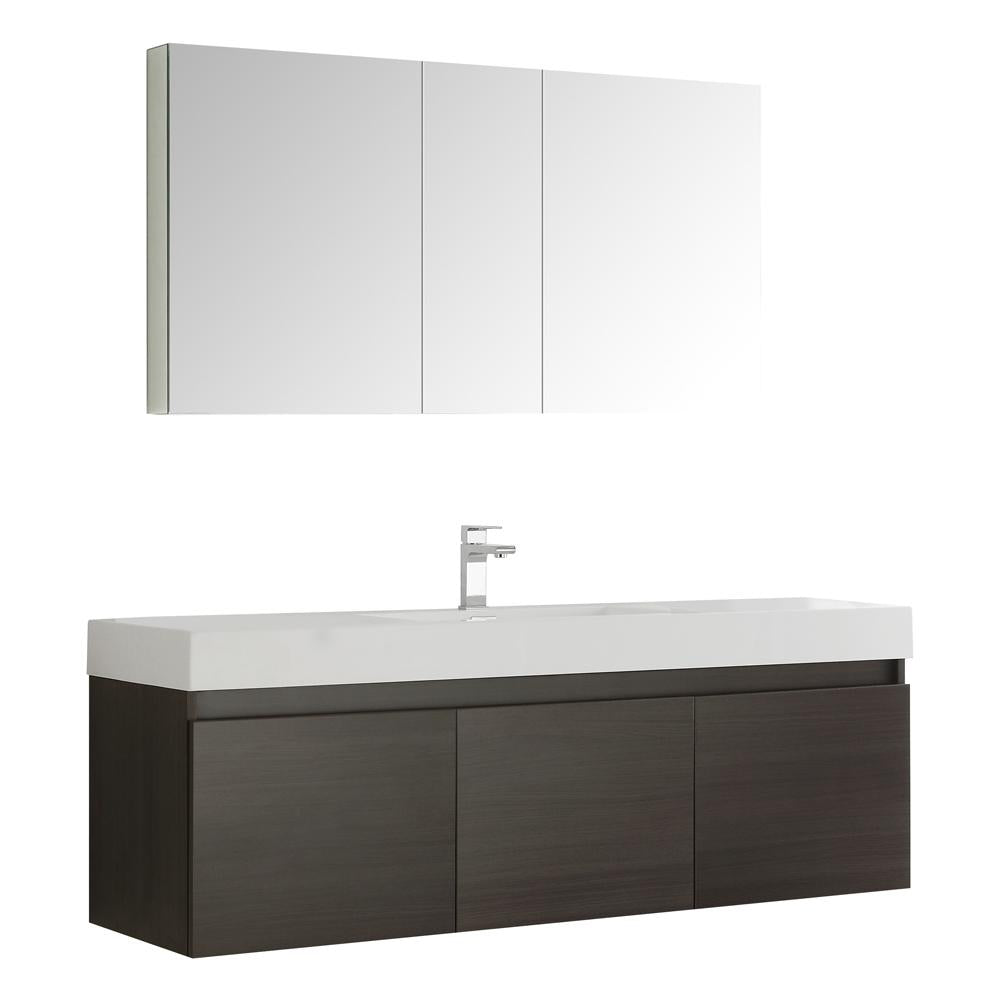 Fresca Mezzo 60" Gray Oak Wall Hung Single Sink Modern Bathroom Vanity w/ Medicine Cabinet
