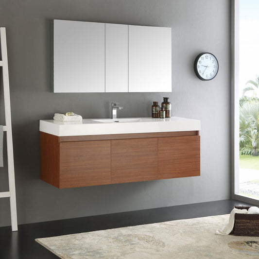 Fresca-Mezzo-60"-Teak-Wall-Hung-Single-Sink-Modern-Bathroom-Vanity-w/-Medicine-Cabinet-(FVN8041TK)