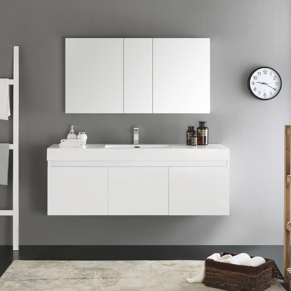 Fresca Mezzo 60" White Wall Hung Single Sink Modern Bathroom Vanity w/ Medicine Cabinet