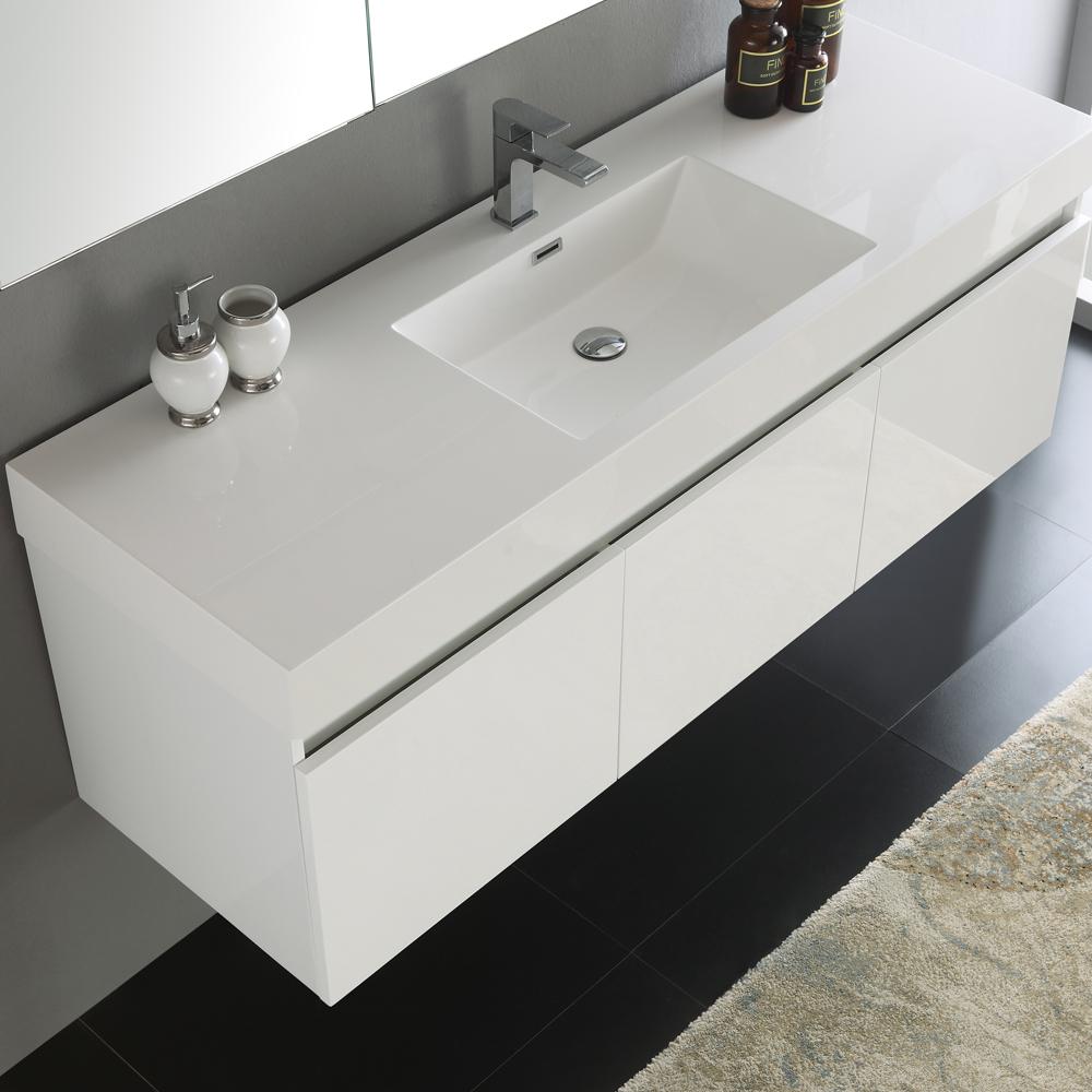 Fresca Mezzo 60" White Wall Hung Single Sink Modern Bathroom Vanity w/ Medicine Cabinet