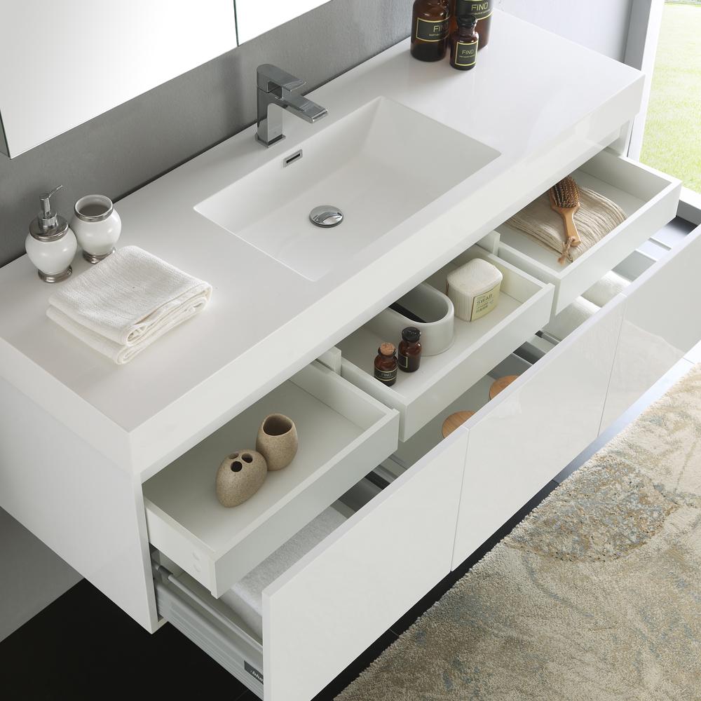 Fresca Mezzo 60" White Wall Hung Single Sink Modern Bathroom Vanity w/ Medicine Cabinet