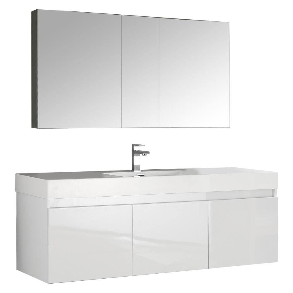 Fresca Mezzo 60" White Wall Hung Single Sink Modern Bathroom Vanity w/ Medicine Cabinet