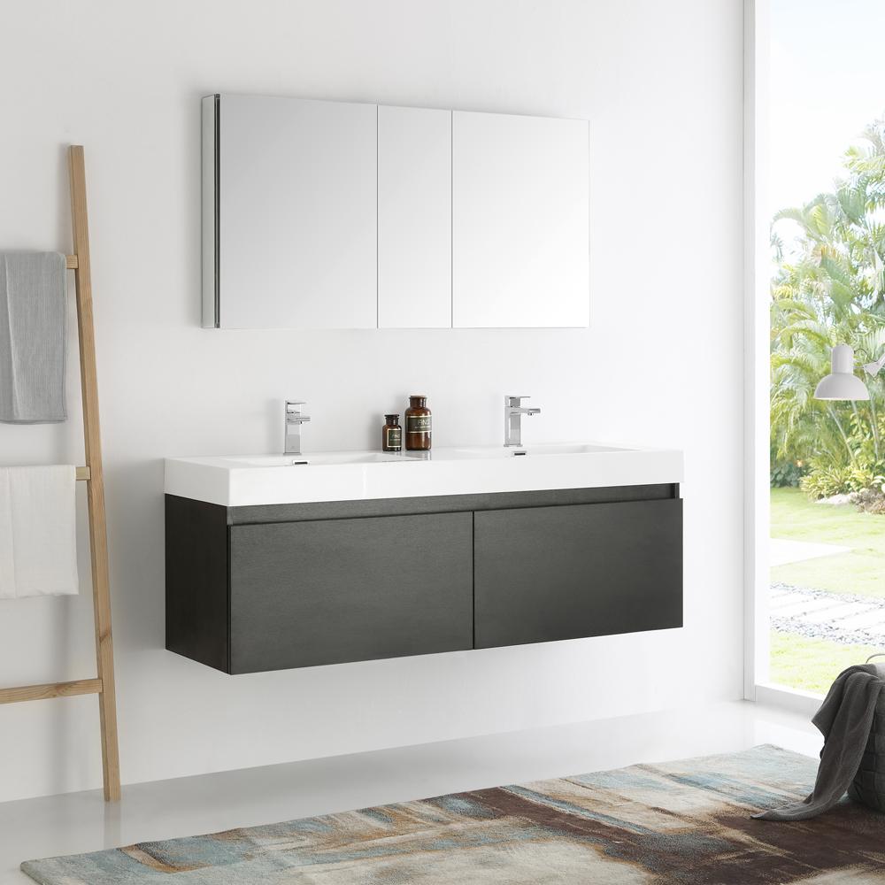 Fresca-Mezzo-60"-Black-Wall-Hung-Double-Sink-Modern-Bathroom-Vanity-w/-Medicine-Cabinet-(FVN8042BW)