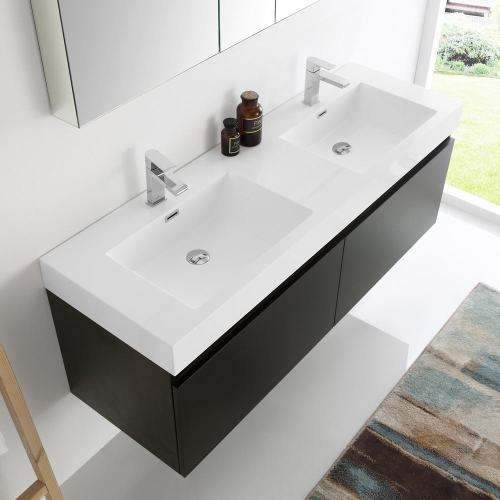 Fresca Mezzo 60" Black Wall Hung Double Sink Modern Bathroom Vanity w/ Medicine Cabinet