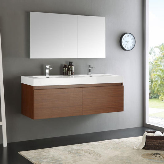 Fresca-Mezzo-60"-Teak-Wall-Hung-Double-Sink-Modern-Bathroom-Vanity-w/-Medicine-Cabinet-(FVN8042TK)