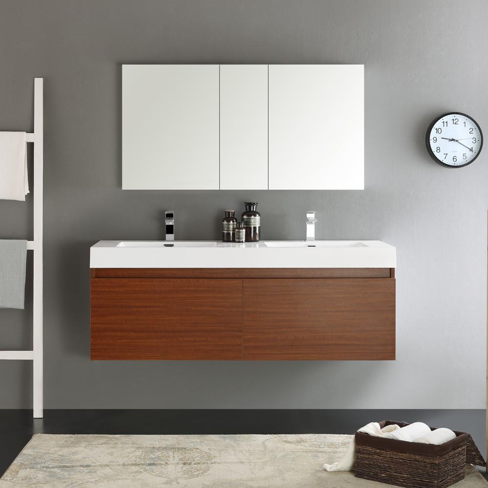 Fresca Mezzo 60" Teak Wall Hung Double Sink Modern Bathroom Vanity w/ Medicine Cabinet