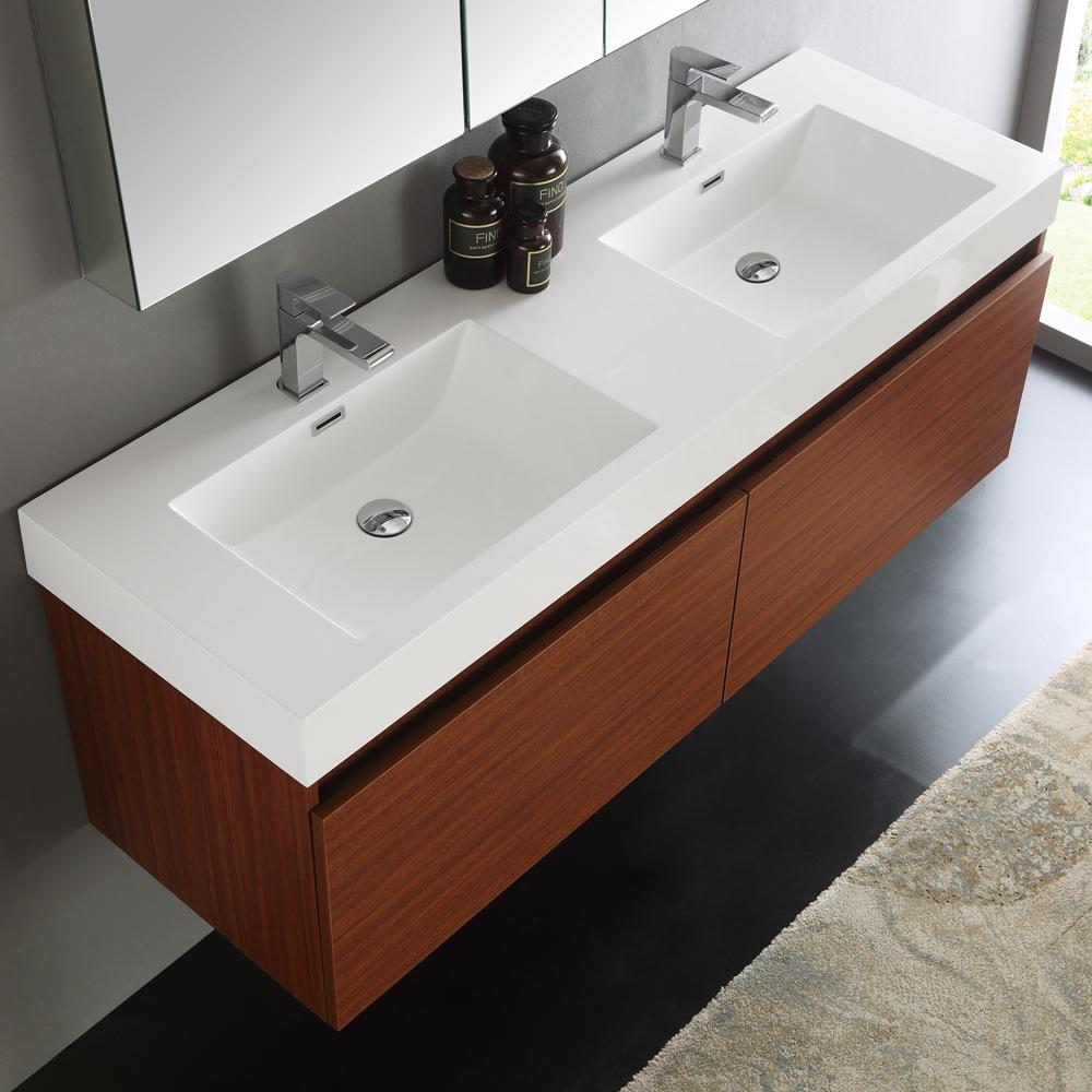 Fresca Mezzo 60" Teak Wall Hung Double Sink Modern Bathroom Vanity w/ Medicine Cabinet