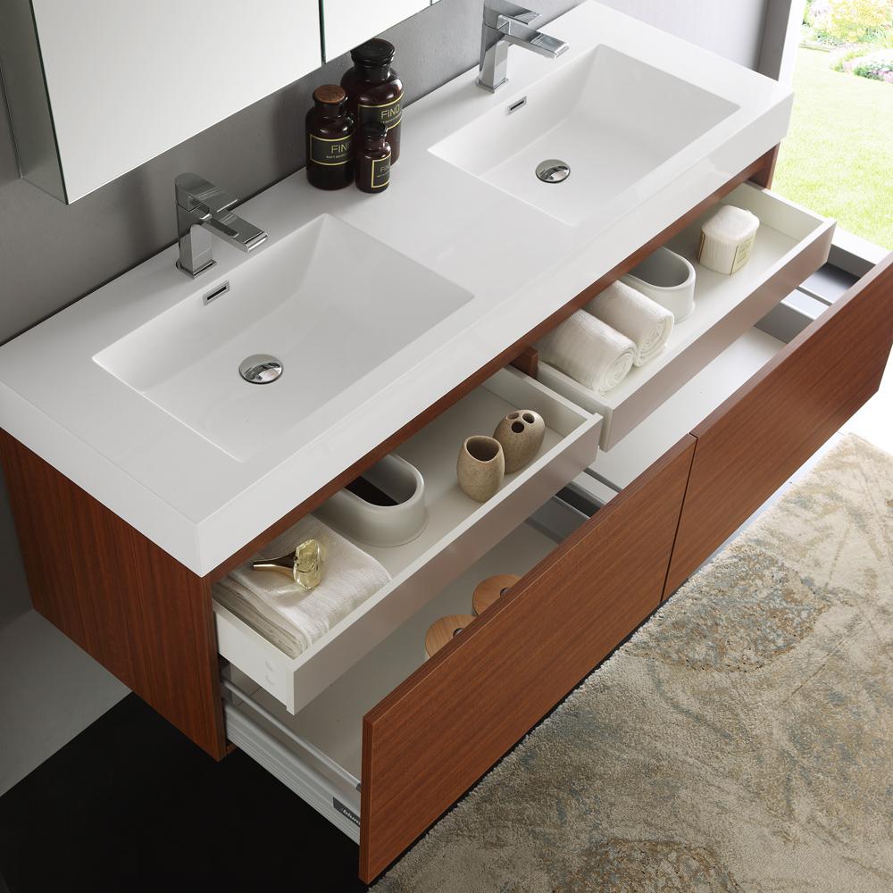 Fresca Mezzo 60" Teak Wall Hung Double Sink Modern Bathroom Vanity w/ Medicine Cabinet
