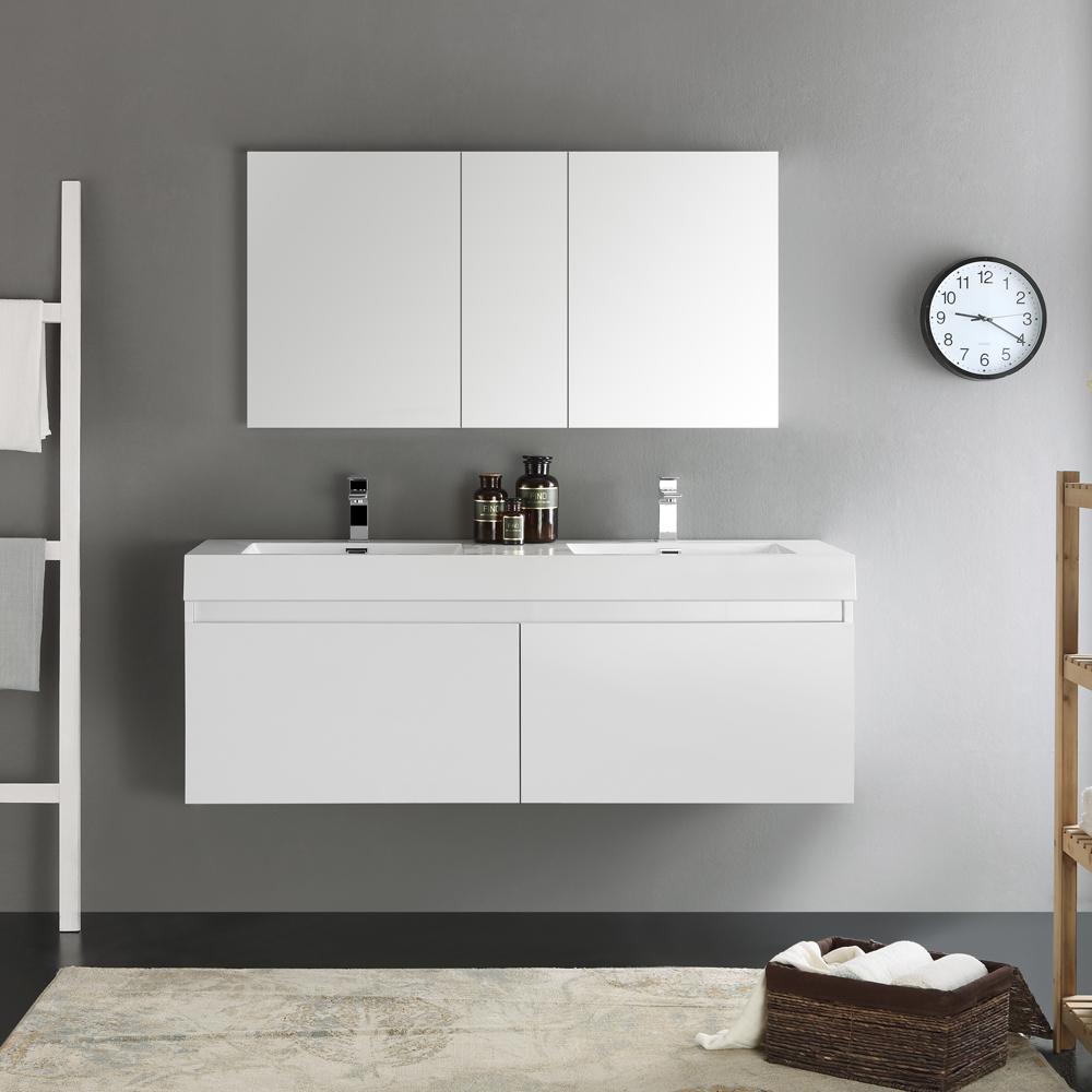Fresca Mezzo 60" White Wall Hung Double Sink Modern Bathroom Vanity w/ Medicine Cabinet