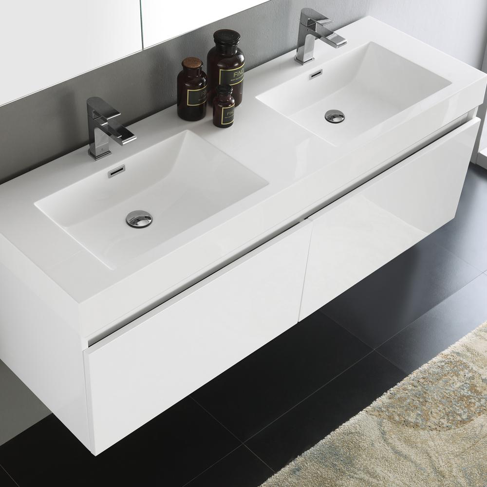 Fresca Mezzo 60" White Wall Hung Double Sink Modern Bathroom Vanity w/ Medicine Cabinet