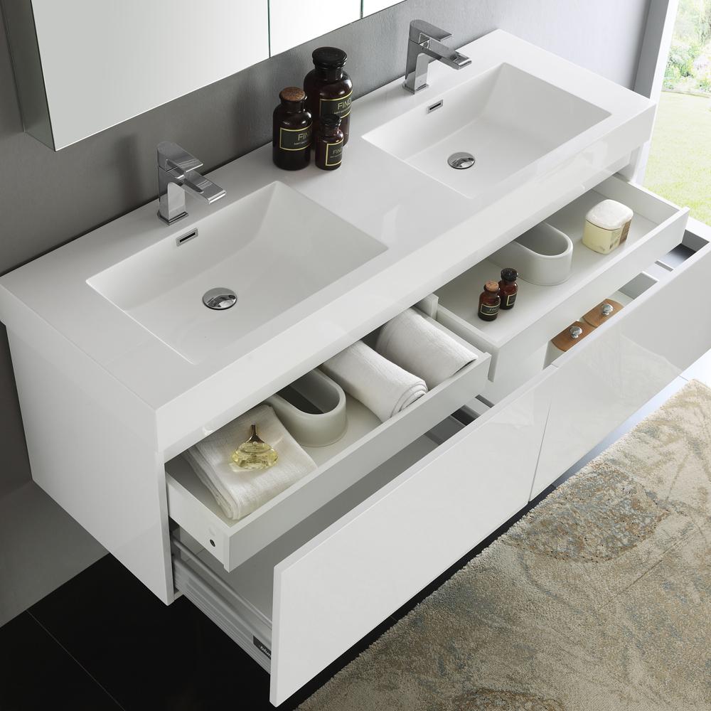 Fresca Mezzo 60" White Wall Hung Double Sink Modern Bathroom Vanity w/ Medicine Cabinet