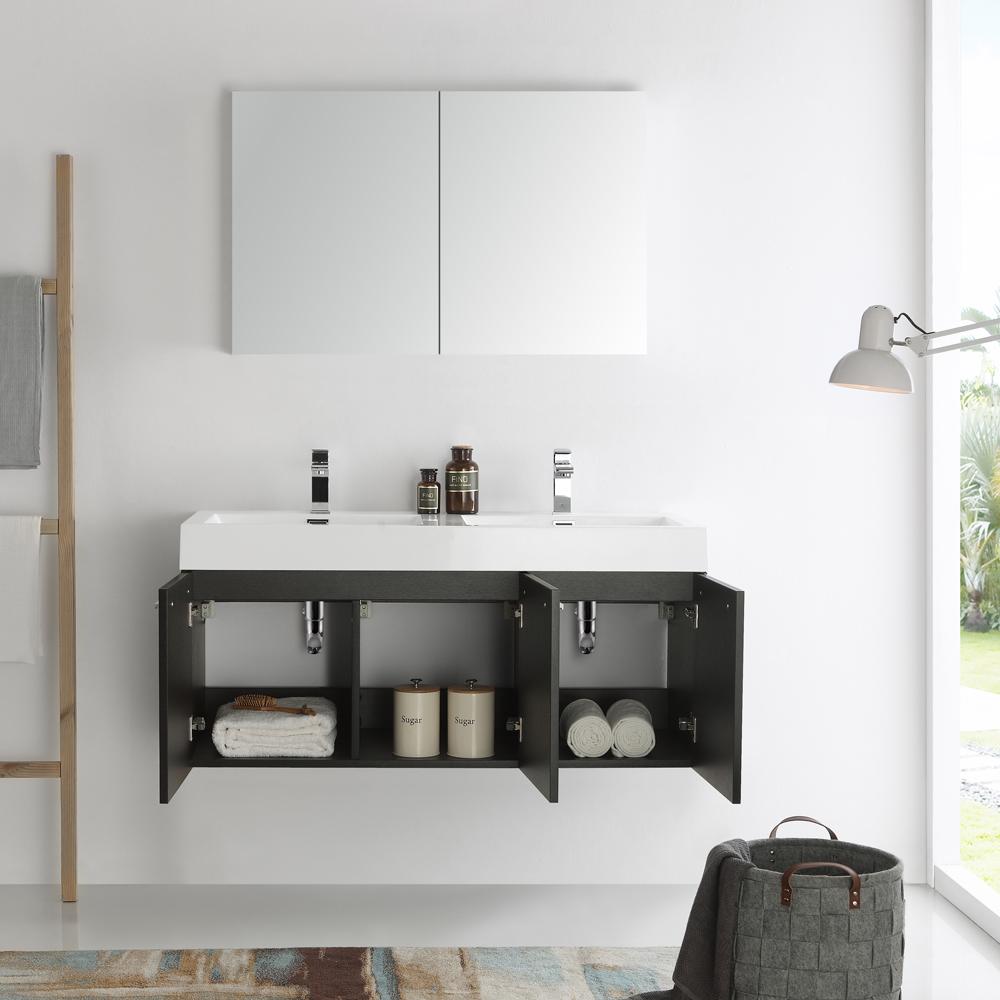 Fresca Vista 48" Black Wall Hung Double Sink Modern Bathroom Vanity w/ Medicine Cabinet