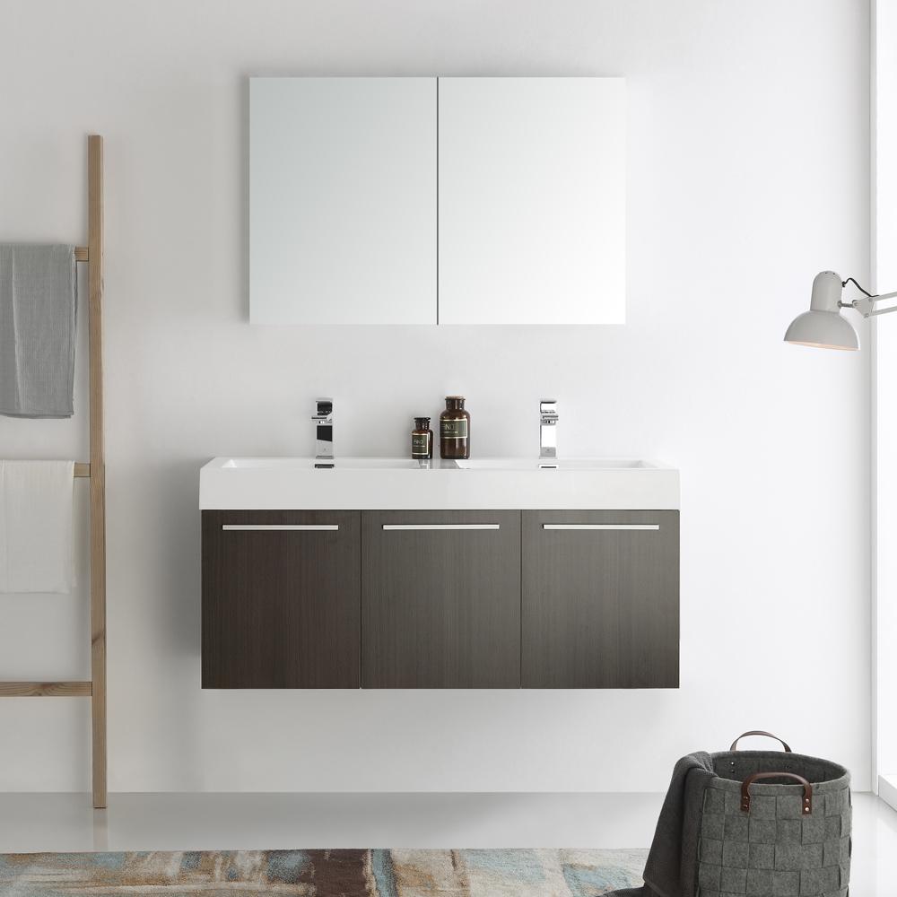 Fresca Vista 48" Gray Oak Wall Hung Double Sink Modern Bathroom Vanity w/ Medicine Cabinet