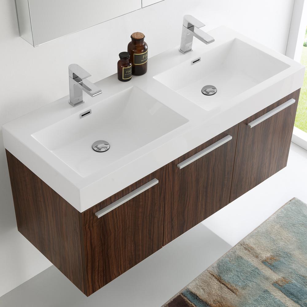 Fresca Vista 48" Walnut Wall Hung Double Sink Modern Bathroom Vanity w/ Medicine Cabinet