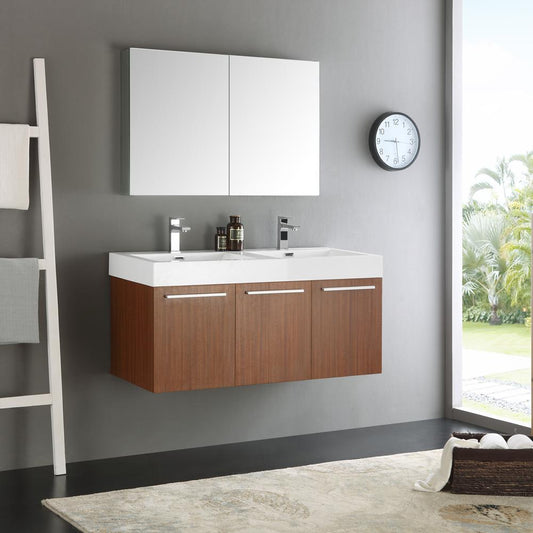 Fresca-Vista-48"-Teak-Wall-Hung-Double-Sink-Modern-Bathroom-Vanity-w/-Medicine-Cabinet-(FVN8092TK-D)