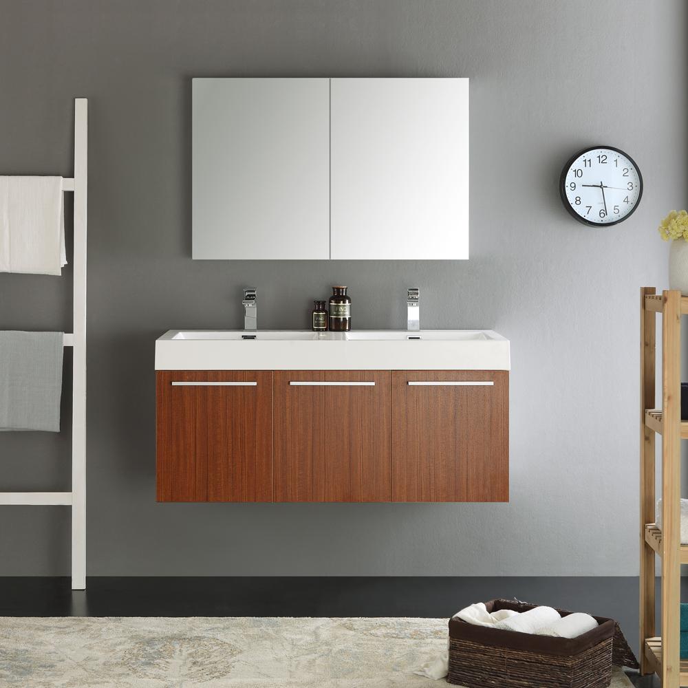 Fresca Vista 48" Teak Wall Hung Double Sink Modern Bathroom Vanity w/ Medicine Cabinet