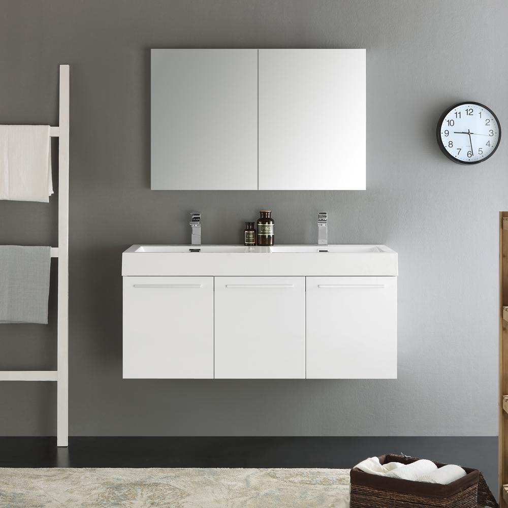 Fresca Vista 48" White Wall Hung Double Sink Modern Bathroom Vanity w/ Medicine Cabinet