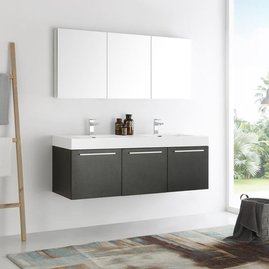 Fresca-Vista-60"-Black-Wall-Hung-Double-Sink-Modern-Bathroom-Vanity-w/-Medicine-Cabinet-(FVN8093BW-D)