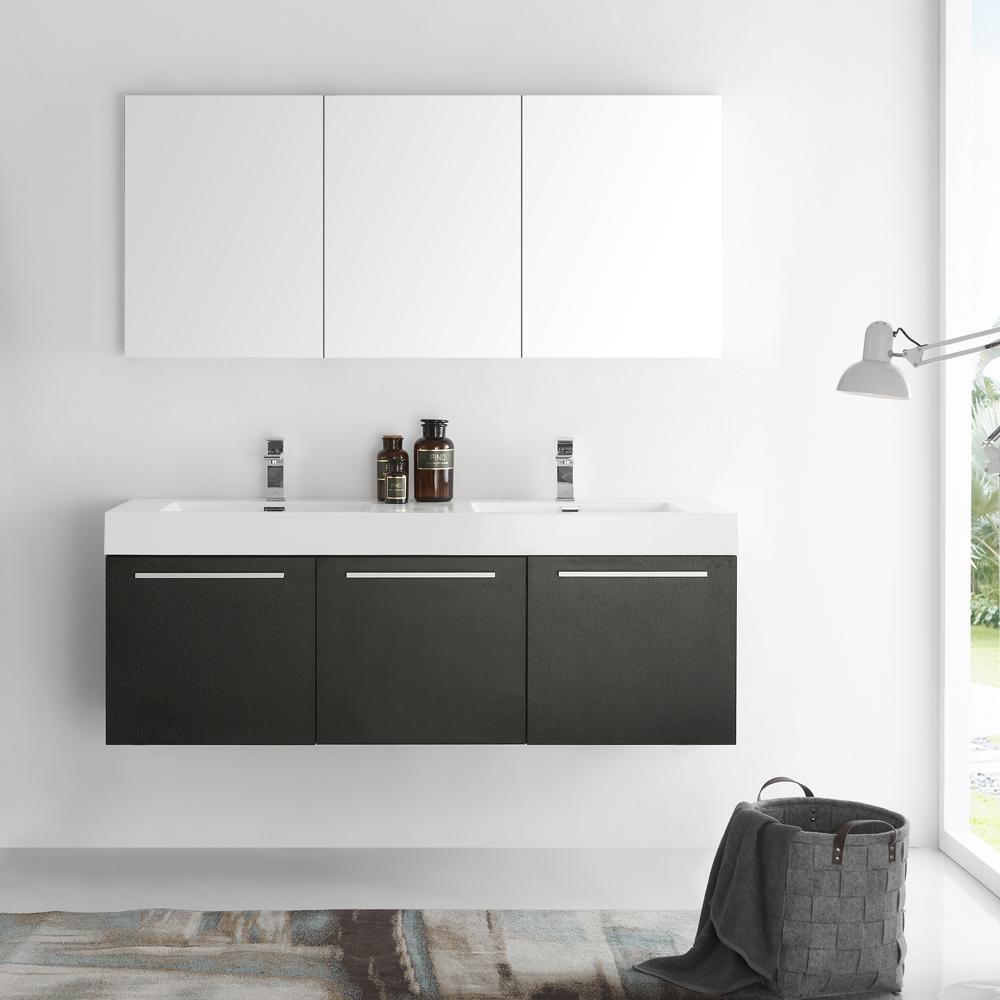 Fresca Vista 60" Black Wall Hung Double Sink Modern Bathroom Vanity w/ Medicine Cabinet