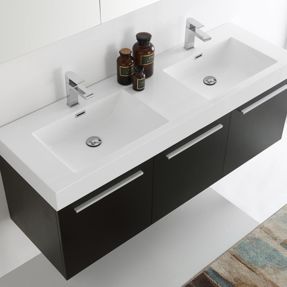 Fresca Vista 60" Black Wall Hung Double Sink Modern Bathroom Vanity w/ Medicine Cabinet