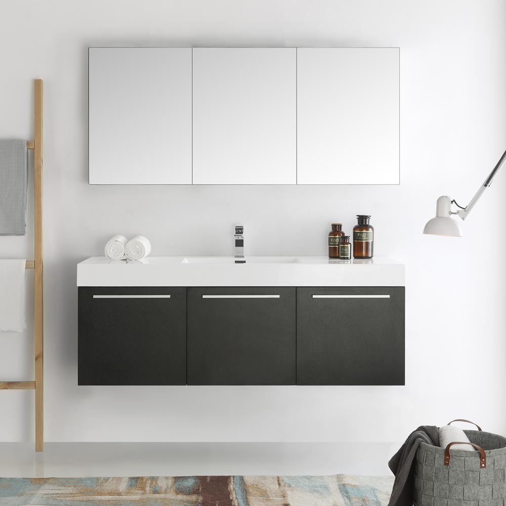 Fresca Vista 60" Black Wall Hung Single Sink Modern Bathroom Vanity w/ Medicine Cabinet