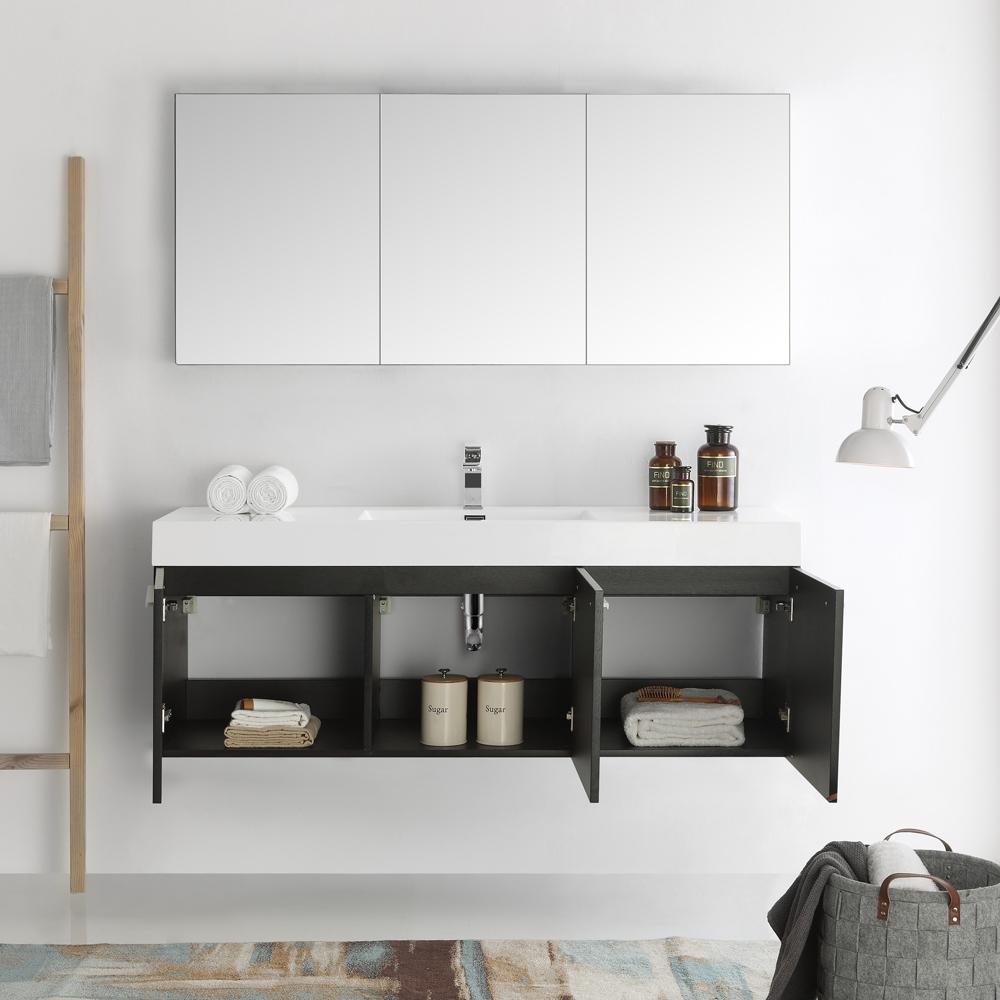 Fresca Vista 60" Black Wall Hung Single Sink Modern Bathroom Vanity w/ Medicine Cabinet