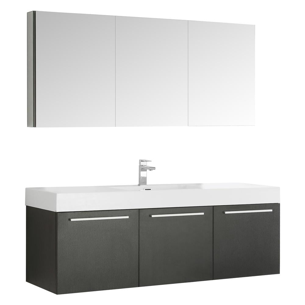 Fresca Vista 60" Black Wall Hung Single Sink Modern Bathroom Vanity w/ Medicine Cabinet