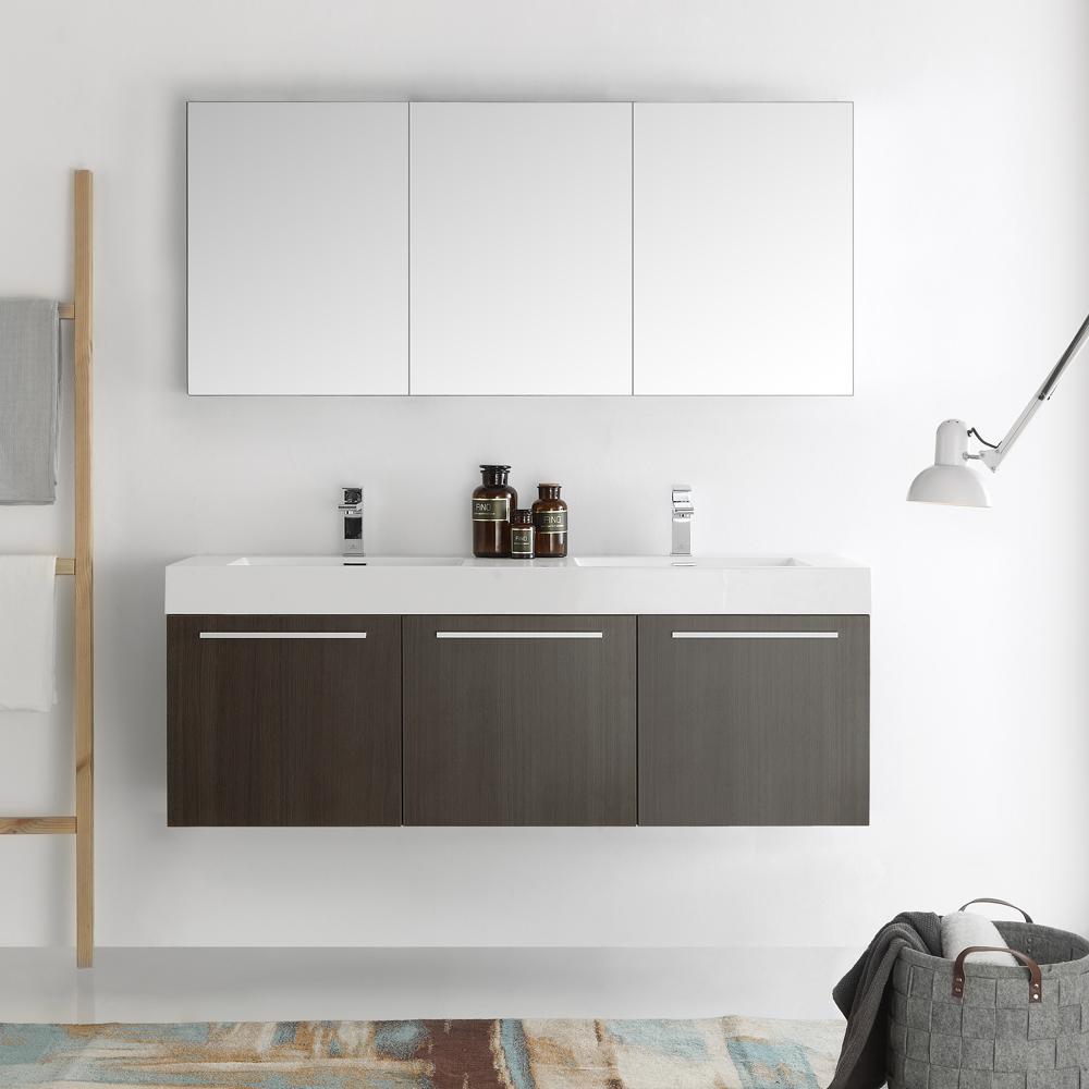 Fresca Vista 60" Gray Oak Wall Hung Double Sink Modern Bathroom Vanity w/ Medicine Cabinet